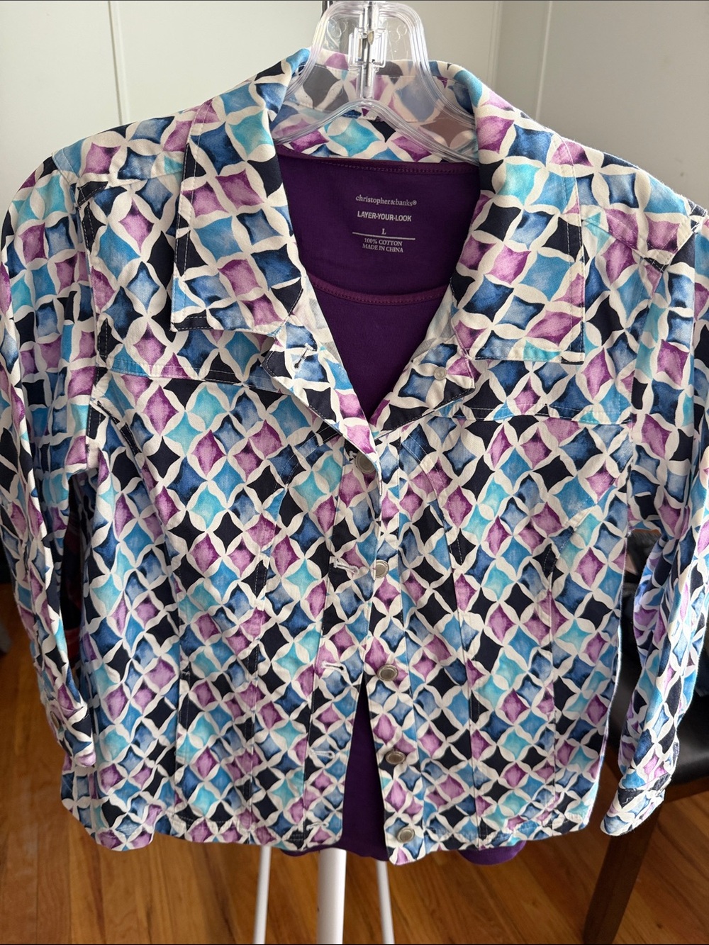 Christopher & Banks Teal Navy Purple Geometric Button-Front Shirt Jacket Set